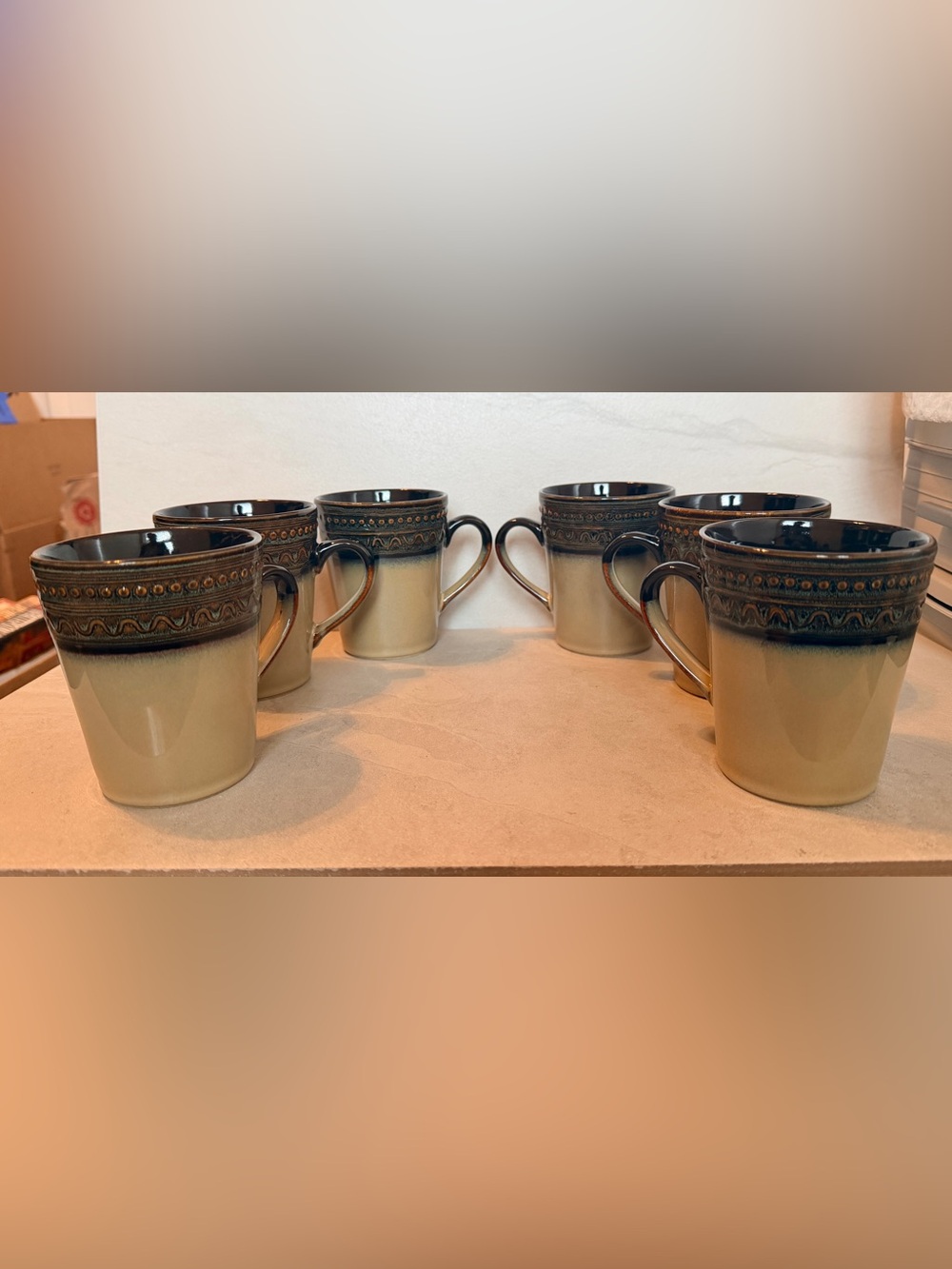 Set of 6 Jaclyn Smith Stoneware “Today” Coffee Cups Tan/Brown/Design NEW